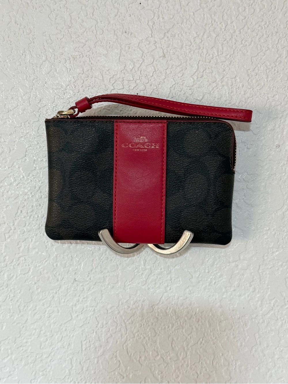 Coach Black Signature Wristlet with Red Center Stripe
